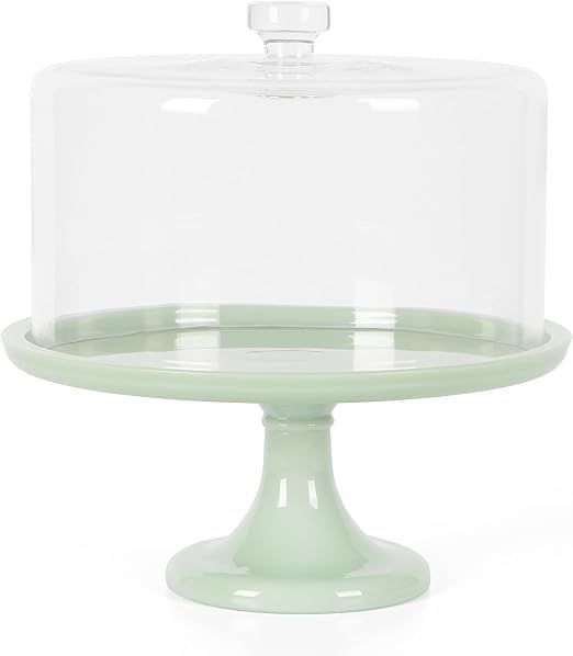 Martha Stewart Highbrook 10-Inch Jadeite Cake Stand with Glass Dome – Vintage-Style Pedestal Dessert Plate for Cakes and Pastries, Decorative Covered Serving Platter