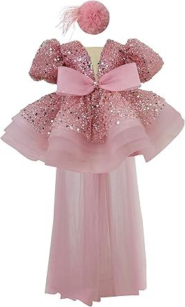 Sequins Pageant Princess Dress Toddler Girls Bubble Sleeves Birthday Party Dress Flower Girls Tutu Detachable Tail
