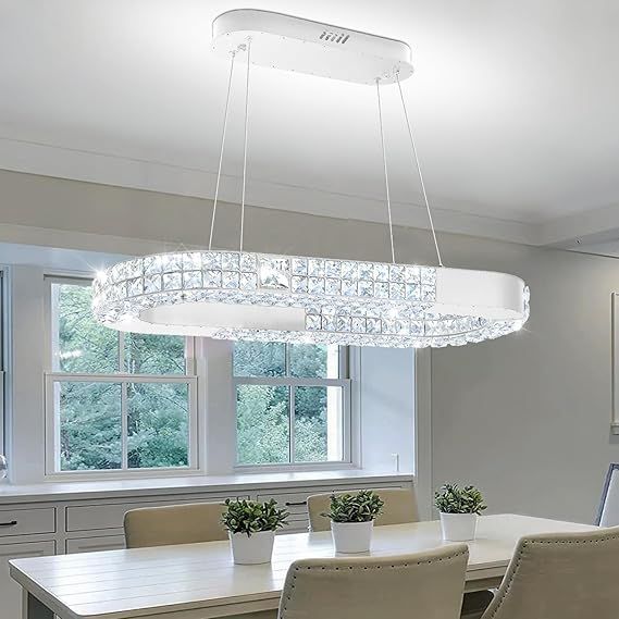 Oval Crystal Chandelier, 31.5'' Chrome LED Ring Chandelier for Kitchen Island Modern Linear Oval Chandeliers for Dining Room Dimmable 3000K-6000K