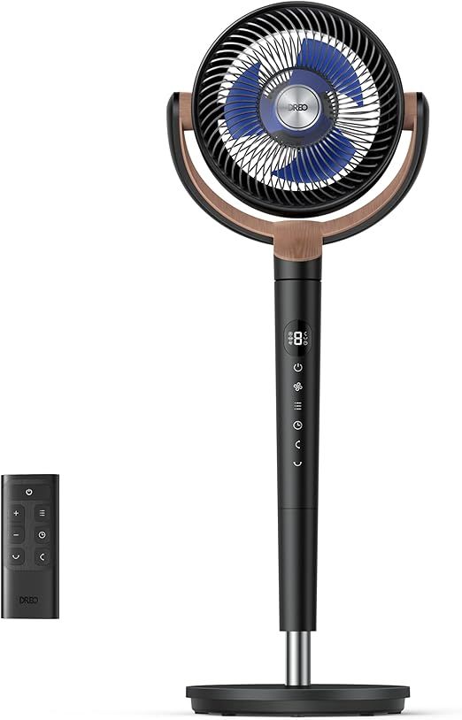 DREO Fan for Bedroom, 120°+120°Omni-directional Oscillating Fan, 90ft, DC Motor, 20 dB Quiet Standing Pedestal Fans, 8 Speeds, 3 Modes Circulator with Remote, 35-40"Adjustable Height, 8H Timer, Black