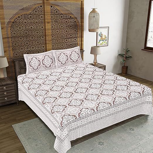 Cotton Printed Bedsheet Set | Soft-Breathable Bedding with Zippered Pillow Covers (Brown, King (U.S. Standard))