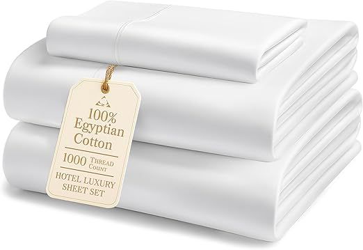 LANE LINEN 100% Egyptian Cotton Twin Sheets Set - 1000 Thread Count, Soft & Comfy Luxury Hotel Style Thick Cotton Twin Sheet Set, Fully Elasticized Reinforsed Seams No Pill Natural Cooling - White