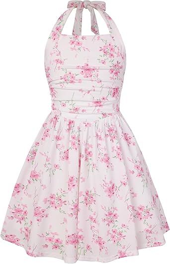 GRACE KARIN Girls Floral Summer Dress Spring Holiday Beach Party Sundress Halter Neck Tie Backless Dresses 7-14 Years