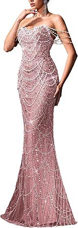 Women's Champagne Dress Beaded Overlay Strapless Bodycon Evening Gown Ideal for Weddings Proms Parties All Occasions