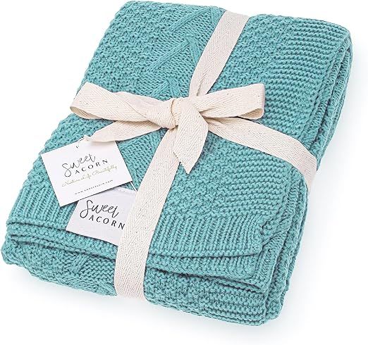 Knit Baby Blanket in Cable Pattern, Organic Cotton Blankets for Crib or Stroller, Receiving Blankets - Ocean Teal