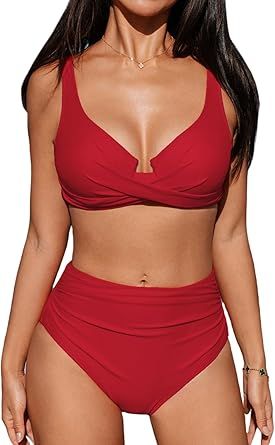 CUPSHE Women's Bikini Sets High Waisted Swimsuit Underwire Adjustable Straps Twisted Hook Full Coverage Bottom