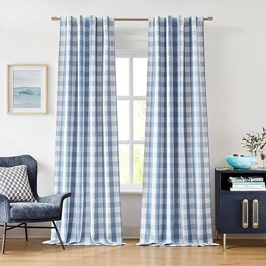 90 Inches Long Buffalo Plaid Blackout Curtain Panels for Bedroom Living Room,Dusty Blue Thermal Insulated Gingham Drapes,Farmhouse Window Treatment,Rod Pocket Back Tabs,40" Wx90 Lx2