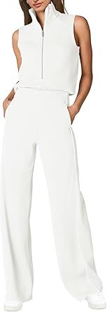 SENSERISE Womens Summer Jumpsuits Dressy Casual Sleeveless Mock Neck Top Wide Leg Pants Romper with Pockets