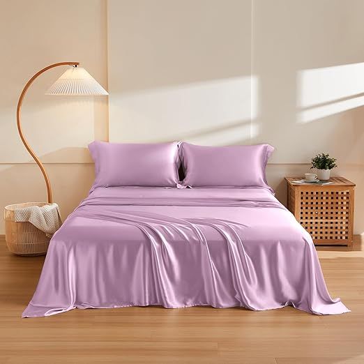 Twin XL Size 4-Piece Sheet Set Premium 30 Momme Mulberry Silk Bed Sheets Set Fits 23-26" Deep Pocket (Solid, Lavender)
