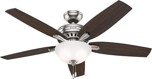 Hunter 52 inch Indoor Ceiling Fan with LED Light - Ceiling Fan with Pull Chain, For Bedroom or Living Room, Standard Mount, No Remote, 5 Blades, Includes Bulbs - Newsome 53312, Brushed Nickel