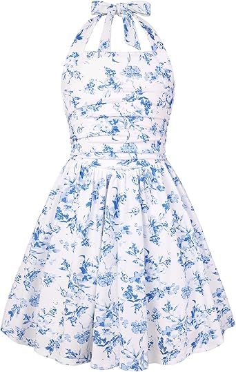 GRACE KARIN Girls Floral Summer Dress Spring Holiday Beach Party Sundress Halter Neck Tie Backless Dresses 7-14 Years