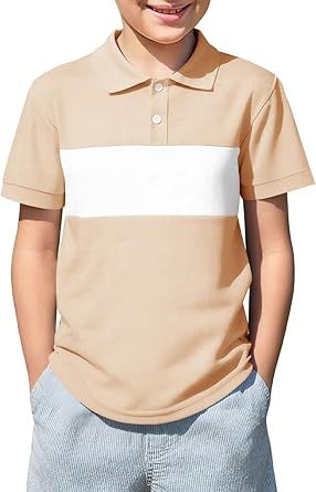 Haloumoning Boys Short Sleeve Pique Polo Shirts Kids Color Block School Uniform Shirt 5-14 Years
