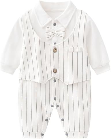 Newborn Baby Boy Gentleman Romper Tuxedo One-Piece Outfit with Bow Tie, 100% Cotton Long Sleeve Formal Wear