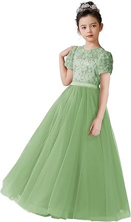 dideyttawl Flower Girls Dress 3D Embroidery Lace Appliqued Puff Tulle Satin Bow High-Waisted Maxi Dress 754T