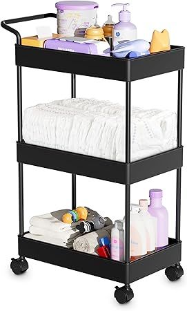 Diaper Caddy - Plastic Diaper Organizer for Nursery Essentials, Baby Organizers and Storage, Movable Cart for Changing Table & Crib, Baby Registry Search, Black