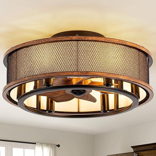 20 Inch Ceiling Fans with Lights, Flush Mount Ceiling Fan with 6 Speeds, Ultra Quiet Modern Fandelier for Bedroom, Living Room, Indoor,Outdoor Use(Dark Walnut)