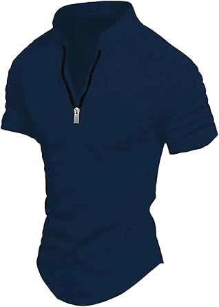 Men's Lapel Shirt Sports Solid Color Standing Collar Pleated Zipper Breathable Casual Top Short Sleeve