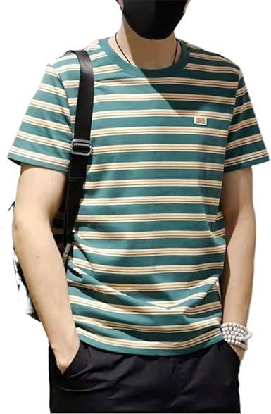 Green Striped Bottom Shirt Round Neck Short Sleeve Casual Fit T-Shirt Korean Version