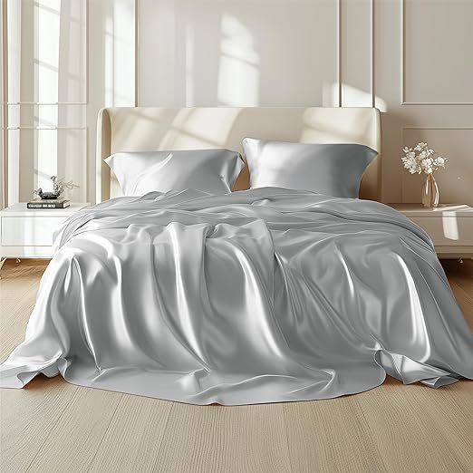 100% Mulberry Silk Sheet Set - 22 Momme Grade 6A, 16-18 Inch Deep Pocket, Indulgent Sheets for Dreamlike Comfort, Full XL-Silver Grey