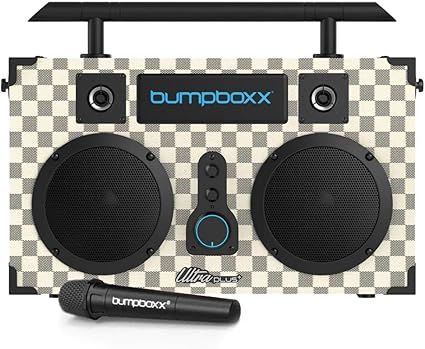 Bumpboxx Ultra Plus Retro Boombox with Bluetooth Speakers, Old School Boombox Up to 12-Hour Playtime & TWS Stereo Pairing, Rechargeable Lithium Battery, Carrying Strap & Wireless Mic, White Checkered