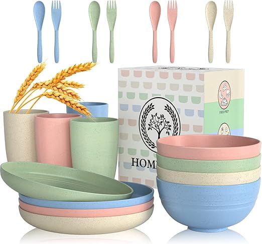 Wheat Straw Dinnerware Sets, 20 PCS Dishes Dinnerware Set Microwave and Dishwasher Safe, Lightweight Unbreakable Dishes, Reusable Dinner Plates Kids Plates and Bowls Sets for Kitchen, Camping