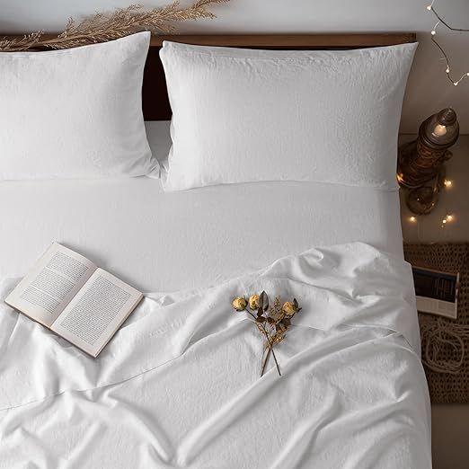 LBRO2M 100% Linen Sheet Set Twin XL Size,Bed Sheets 3 Piece Sets,Solid Color Natural Flax Bed Sheets Soft Breathable Bedding,16" Deep Pocket,All Season (Twin XL, White)