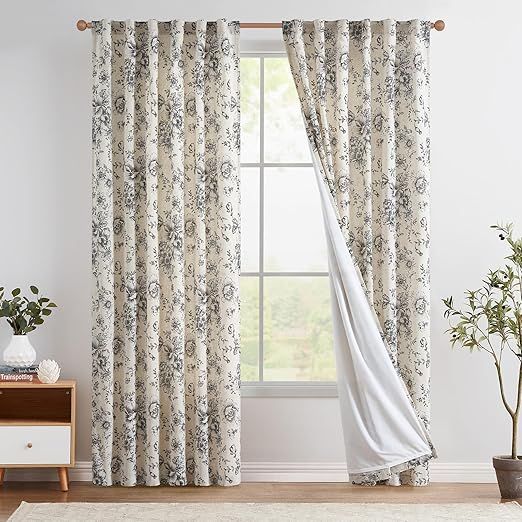 jinchan Lined Linen Blend Curtain Floral Curtains for Living Room 84 Inches Long Black Peony Flower Printed Curtain Back Tab Farmhouse Patterned Drapes Bedroom Window Curtains Set 2 Panels