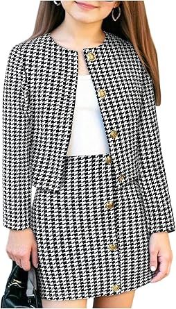 WDIRARA Girl's 2 Piece Outfits Plaid Half Sleeve Jacket and Ruffle Mini Skirt Set