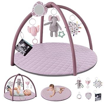 Blissful Diary Baby Play Gym Mat, Tummy Time Activity Mat with 6 Detachable Toys for Stage-Based Sensory & Motor Skill Development, Easy to Install & Clean, Baby Essentials Gift, Lavender Pink
