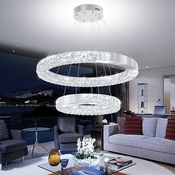 Modern Led Ring Chandelier for Living Room Dining Room Dimmable 2 Ring Crystal Chandeliers D32''+D20'' Silver