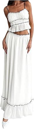 SOLY HUX Women's Skirt Sets 2 Piece Outfits Contrast Trim Ruffle Hem Cami Tops and Maxi Skirt Vacation Set