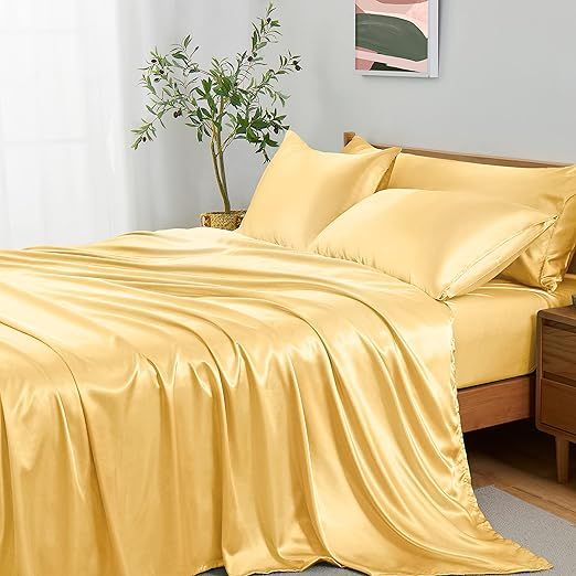 Twin XL Size 4-Piece Sheet Set Premium 30 Momme Mulberry Silk Bed Sheets Set Fits 23-26" Deep Pocket (Solid, Gold)