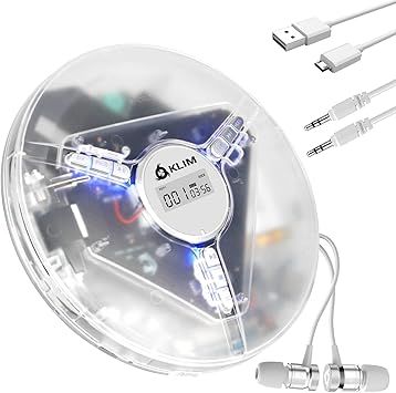 KLIM Discman Portable Player with Headphones, Built-in Battery - New - Compact CD Player for Home and Car - Compatible with SD Card, CD-R, CD-RW, MP3, WMA - 5 EQ Effects -Clear White