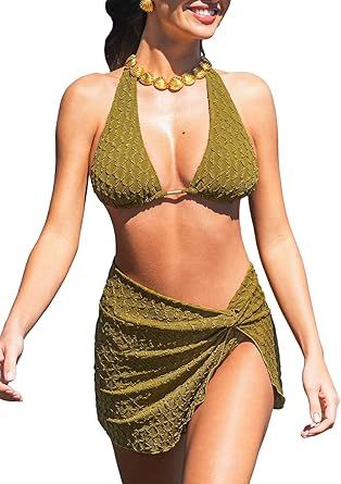CUPSHE Women's Bikini Sets Three Piece Swimsuit V Neck Textured Halter Back Self Tie Twist Sarong Low Rise
