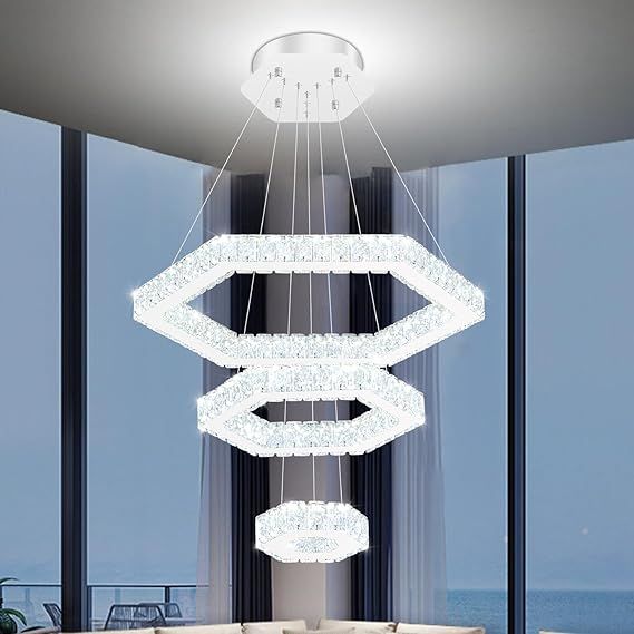 Modern Dimmable LED Ring Crystal Chandelier Ring Pendant Light for Dining Room Bedroom Living Room Height Shape Adjustable Silver 8in+16in+24in