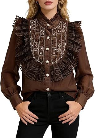 Solid Loose Spliced Ruffles Casual Shirts for Women Stand Neck Long Sleeves Patchwork Beads Shirt