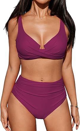 CUPSHE Women's Bikini Sets High Waisted Swimsuit Underwire Adjustable Straps Twisted Hook Full Coverage Bottom