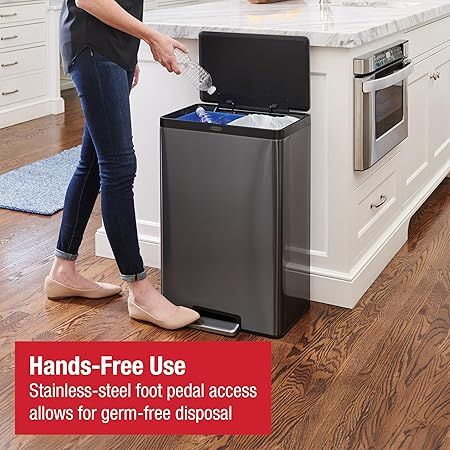 Rubbermaid Elite Stainless Steel Metal Dual Stream Step-On Trash, 10.5-Gallon, Charcoal, Wastebasket Home/Kitchen, Trash and Recycle Bin Combo