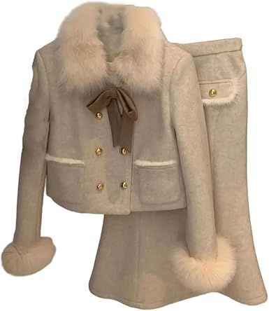 Women's Luxury Two Piece Set Winter Thickened Woolen Long Sleeve Jacket And Midi Skirt Outfit
