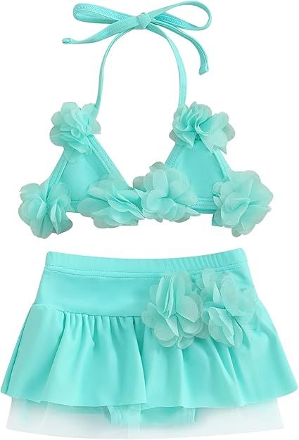 Yccutest Infant Baby Girl Flower Swimsuit 3Pcs Halter Triangle Tops Ruffle Bottoms Sun Hat Bikini Set Bathing Suit Swimwear
