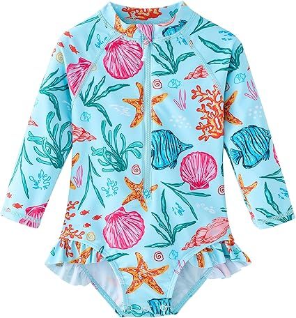 UMELOK Baby Girls' One Piece Swimsuit Rash Guard Swimwear Long Sleeve with UPF 50+ Sun Protection