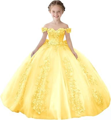 Lace Beaded Flower Girl Dresses for Wedding Off Shoulder Gilrs Pageant Dress Tulle Toddler Ball Gowns with Big Bow