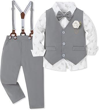WESIDOM Toddler Boy Clothes Suit Formal Dress Shirt+Bowtie+Vest+Boutonniere+Suspender Pants Boys Gentleman Outfits Set