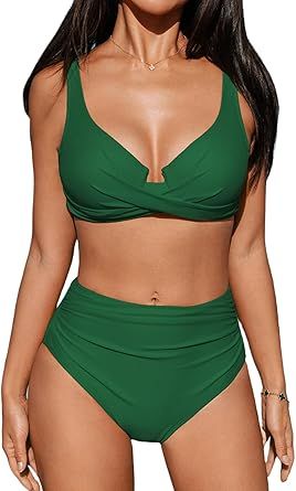 CUPSHE Women's Bikini Sets High Waisted Swimsuit Underwire Adjustable Straps Twisted Hook Full Coverage Bottom