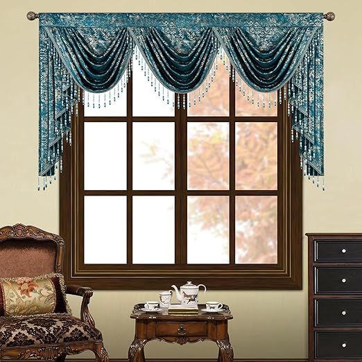 VOGOL Luxury Velvet Waterfall Valance, Elegant European Swag Curtain for Living Room, Marble Textured Print Thermal Insulated Valances, 79" Wide, 1 Panel, Lake Blu