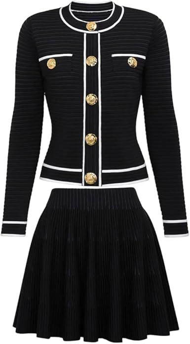 Women Classic O-Neck Long-Sleeve Cardigan Skirt Set for Two-Piece Se