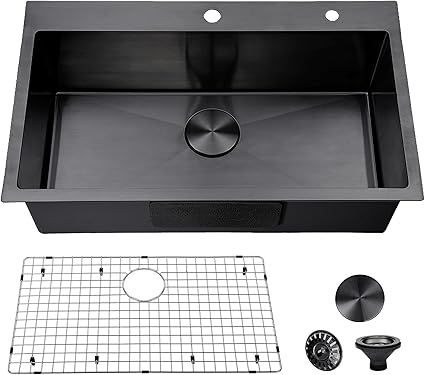 30 inch Drop in Black Kitchen Sink, Single Bowl Stainless Steel Handmade Topmount Kitchen Sinks with Dish Grid and Drain