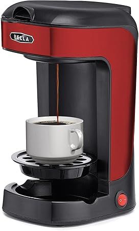 BELLA One Scoop One Cup Coffee Maker, Red & Stainless Steel, Single Serve Coffee Maker with Adjustable Drip Tray & Dishwasher Safe Permanent Filter