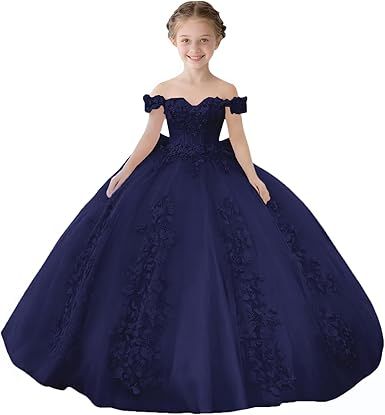 Lace Beaded Flower Girl Dresses for Wedding Off Shoulder Gilrs Pageant Dress Tulle Toddler Ball Gowns with Big Bow