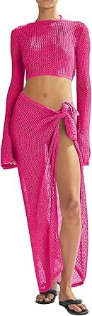 Women's Swimsuits Cover Ups Set for Crochet Bathing Suit Hollow Out 2 Piece Bikini Coverup Beach Swimwear